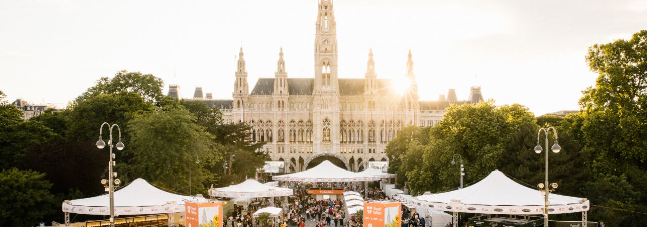 Besucher*innen bei einem Festival am Rathausplatz